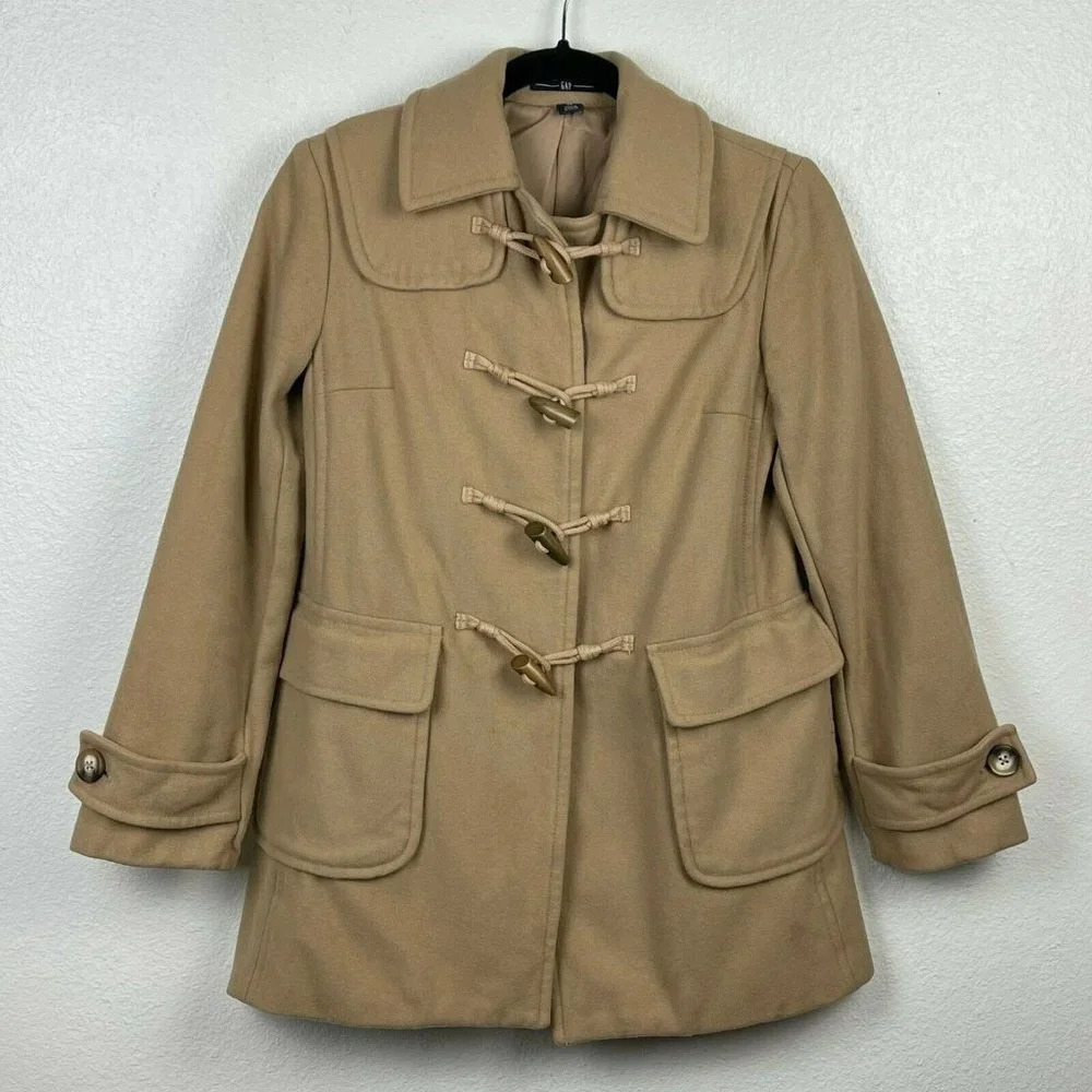 GAP Coat Women's Sz XS Duffle Toggle Collared Pocket Strap Lined Wool Brown Tan